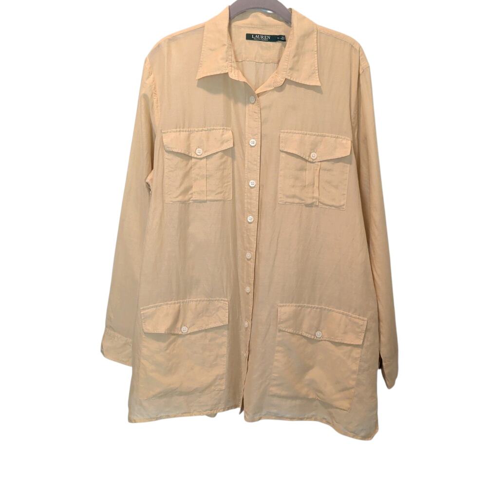 Lauren Ralph Lauren Women's Sz XL Gold Silk Blend Button Up Shirt Tunic Safari
